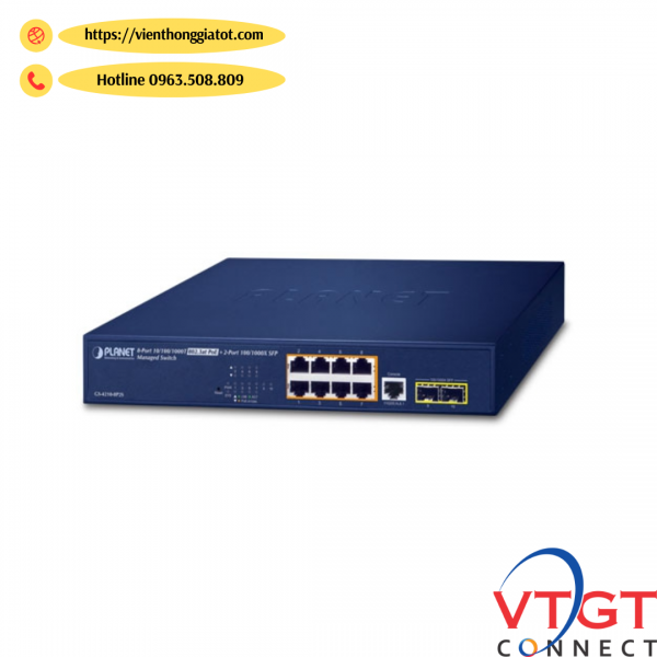 Thiết bị chuyển mạch PLANET IPv4/IPv6, 8-Port Managed 802.3at POE+ + 2-Port Gigabit SFP Gigabit Ethe